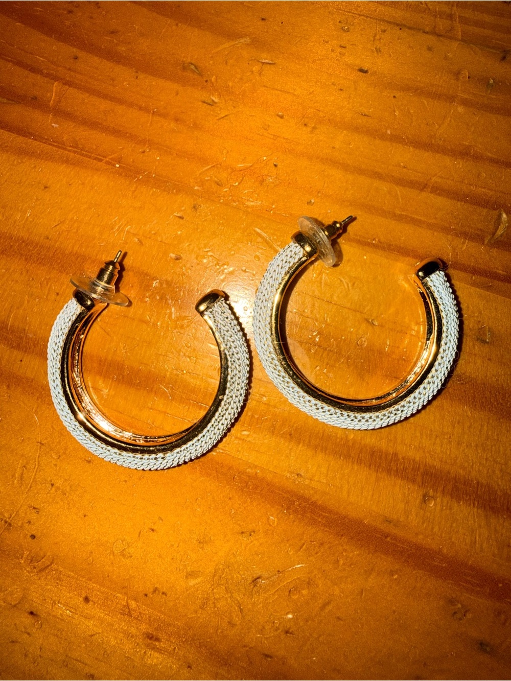 Gold Hoop Earrings with White Braided Detail - Women's Jewelry
